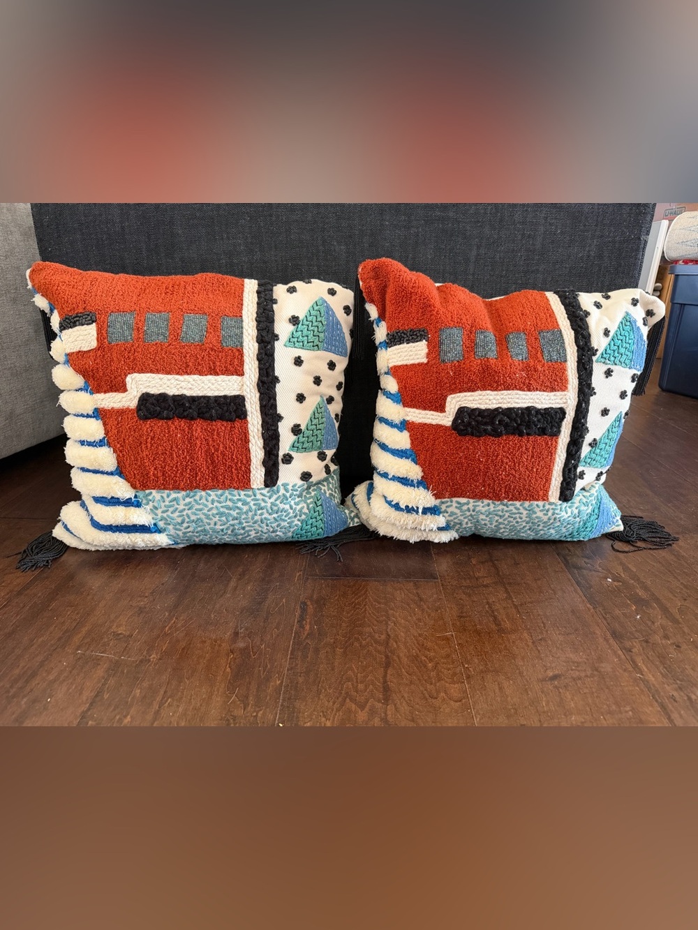 Anthropologie Decorative 20" Square Toss Pillow Covers Cream w/ Black Embroidery